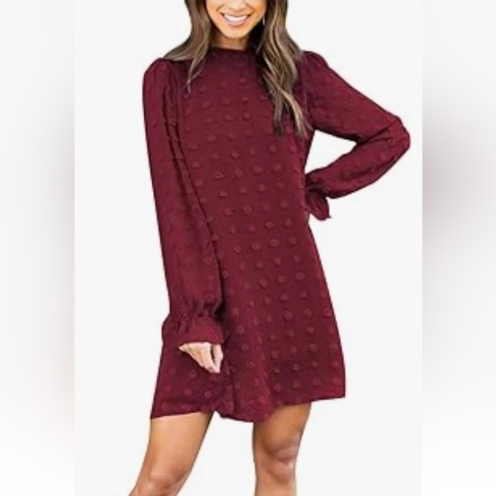 ✨NWT✨Adibosy Elegant Burgundy Polka Dot Ruffle Mock Neck Mini Dress